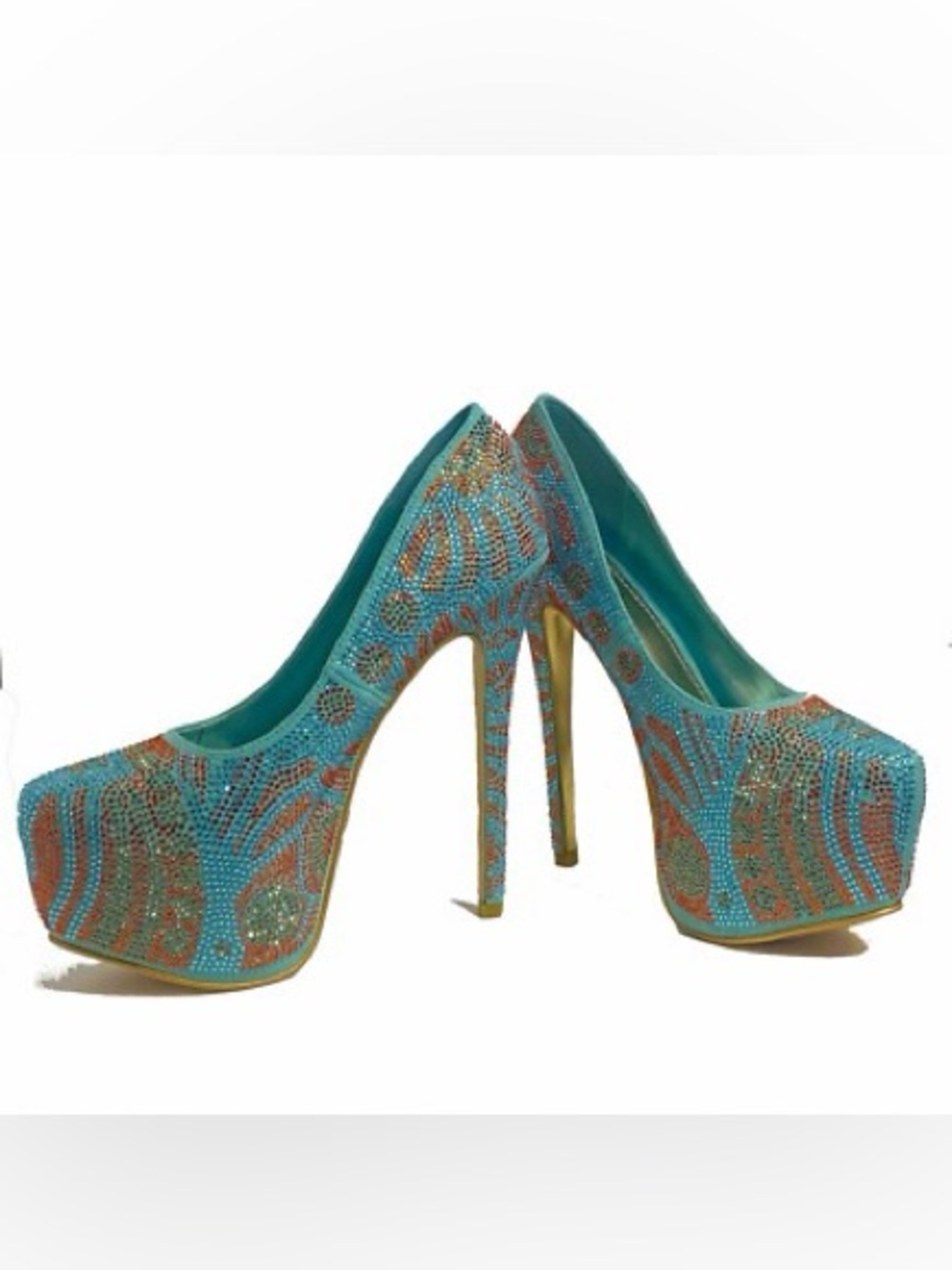 Turquoise Jeweled High Heel Pumps - Women